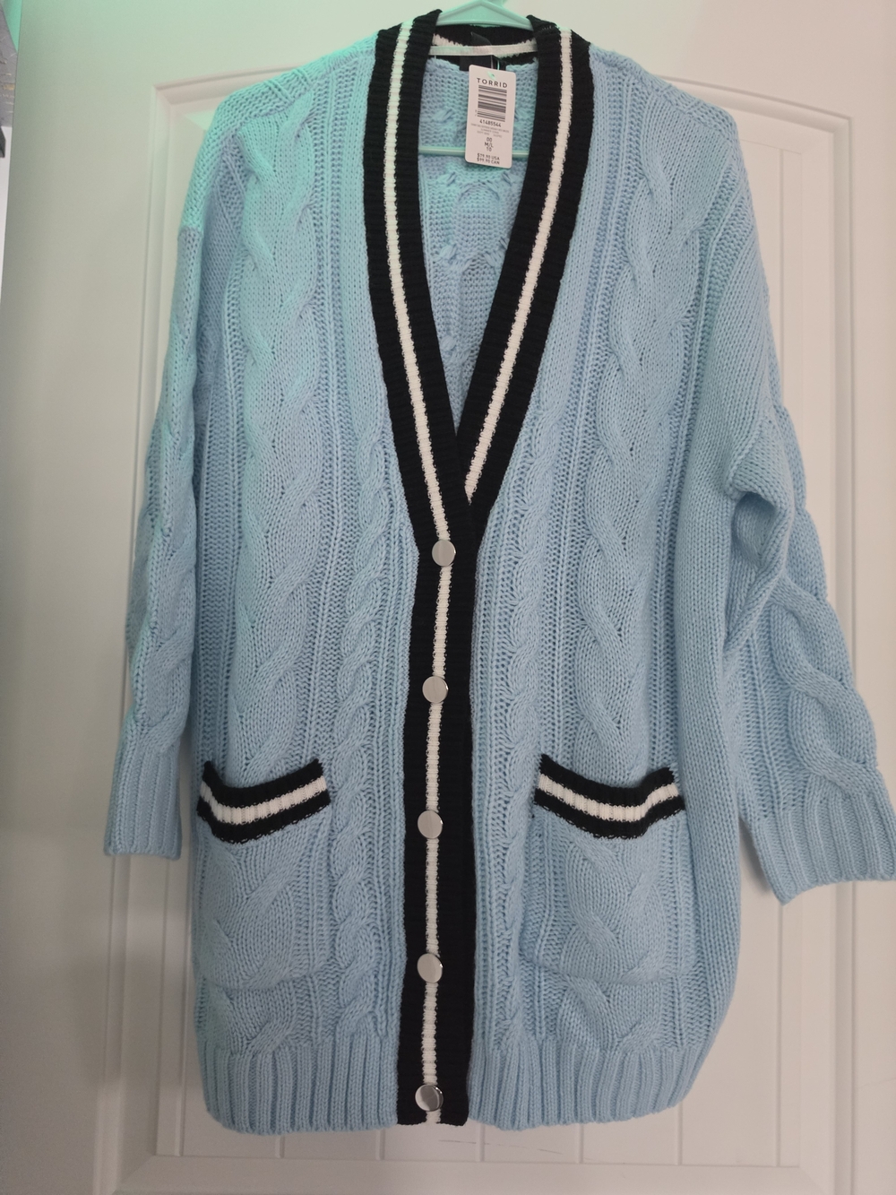 torrid Sky Blue Cable Knit Cardigan with Black & White Trim
